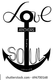 Love anchors soul .  The word of the son of God..  Anchor cross in the Christian religion.  Cross and crescent symbols of the birth of  Jesus Christ  from the body of Mary. Vector design.
