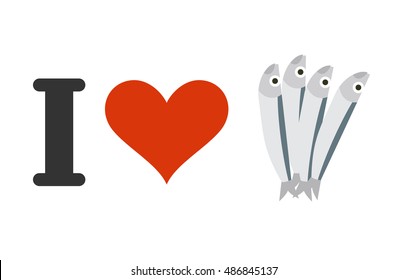 I love anchovies. Heart and small fish. Logo for seafood lovers
