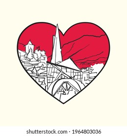 I love Andorra la Vella. Red heart and famous buildings, Andorra Composition. Hand-drawn black and white vector illustration. Grouped and movable objects.