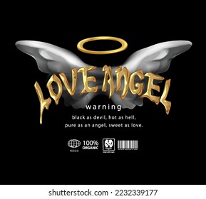 love angel golden chrome text slogan with angel wings on black background vector illustration