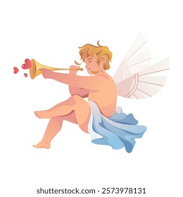 Love angel playing trumpet song for Valentines day greeting. Vector marriage and wedding card cupid element. Poster with eros for romantic holiday or festive. Loving celebration, relationship sign.