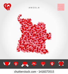 I Love Angola. Red and Pink Hearts Pattern Vector Map of Angola Isolated on Grey Background. Love Icon Set.
