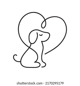 Love animal logo with dog and heart. Hand drawn monoline vector clipart. Design template and icon. Outline and linear isolated illustration.