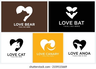 love animal logo set collection.love bear,love bat, love cat, love canary,love anoa