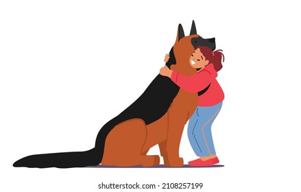 Love To Animals, Childhood, Friendship With Doggy Concept. Kid Girl Hug Huge Shepherd, Child Character Cuddle With Pet, Embrace Dog Isolated On White Background. Cartoon People Vector Illustration