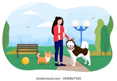 Love for animals concept. Happy girl walks in the park with two dogs, a corgi and a husky. Flat cartoon vector illustration.