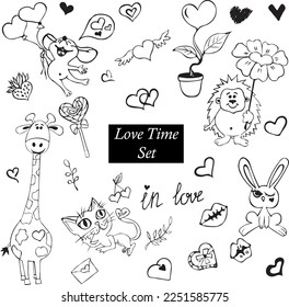 Love Animals Doddle Set in Black and White Colors (Amo a los animales). Ilustración vectorial.