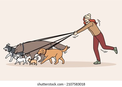 Love to animals and dogs concept. Young smiling girl walking many little and big dogs on leashes outdoors enjoying company vector illustration 