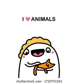 I love animals hand drawn vector illustration in cartoon comic style man cheerful holding cat kawaii face