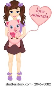 "Love animals", little girl with a cute pig in her arms.