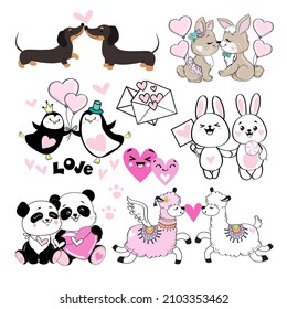 Love animals. Llamas, dachshund dogs, pandas, rabbits for valentine's day. Vector illustration in kawaii style