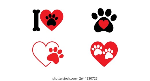 Love for animals with paws. Animal foot prints and hearts silhouette.