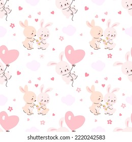 Love animals seamless pattern. Cute cartoon bunny with hearts, funny rabbits together. Pastel hare fly on heart balloon, nowaday childish vector print