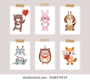 Love animals set isolated, cute valentines animals, kids posters