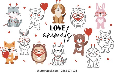 Love animals set isolated, cute valentines animals, kids illustrations