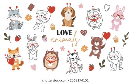 Love animals set isolated, cute valentines animals, kids illustrations