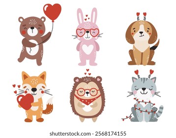 Love animals set isolated, cute valentines animals, kids illustrations