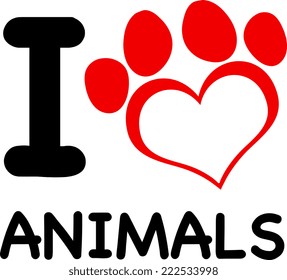 I Love Animals Text With Red Heart Paw. Vector Illustration Isolated on white