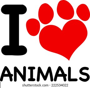 I Love Animals Text With Red Heart Paw Print. Vector Illustration Isolated on white