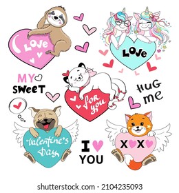 Love animals for valentine's day. Unicorns, cat, sloth and pug. Vector cartoon illustration