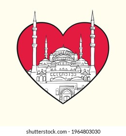 I love Ankara. Red heart and famous buildings, Turk Composition. Hand-drawn black and white vector illustration. Grouped and movable objects.
