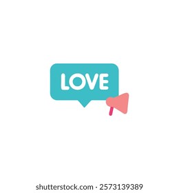 Love Announcement Icon – Megaphone with Heart Speech Bubble, megaphone speaker for announce romantic valentine composition. Valentine's Day decorative 3d objects, heart and love emoji sound icon