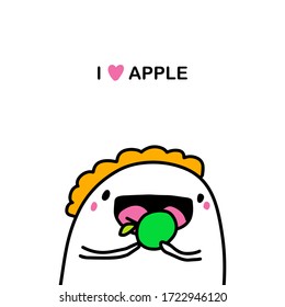 I love apple hand drawn vector illustration in cartoon comic style man eating fruit green heart symbol
