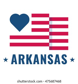 Love Arkansas state with usa flag, flat vector icon design illustration, banner on white background. Can be used for public holidays in the United States also for theme about tourism.
