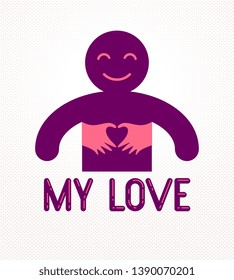 Love arms hugging lover and shows heart shape gesture hands, lover woman hugging his man and shares love, vector icon logo or illustration in simplistic symbolic style.