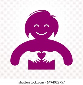 Love arms hugging lover shows heart shape gesture hands, lover woman hugging her mate and shares love, vector icon logo or illustration in simplistic symbolic style.