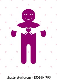 Love arms hugging lover and shows heart shape gesture hands, lover woman hugging his man and shares love, vector icon logo or illustration in simplistic symbolic style.