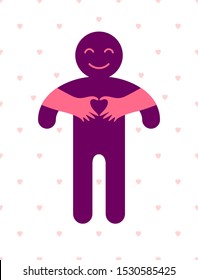 Love arms hugging lover and shows heart shape gesture hands, lover woman hugging his man and shares love, vector icon logo or illustration in simplistic symbolic style.