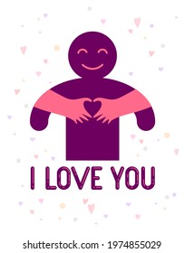 Love arms hugging lover and shows heart shape gesture hands, lover woman hugging his man and shares love, vector icon logo or illustration in simplistic symbolic style.