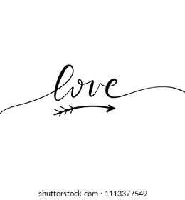 Love. Arrow. Boho prints, poster. Black minimal letters. Modern hand drawn lettering. Hand-painted inscription. Motivational calligraphy poster. Stylish font typography. Quote for cards, invitations.