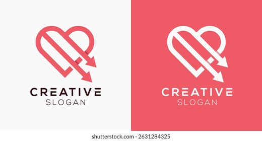 Logo de flecha de amor hacia abajo. Diseño del logotipo del corazón y de la flecha hacia abajo