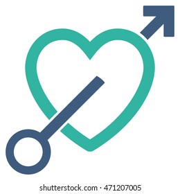 Love Arrow icon. Vector style is bicolor flat iconic symbol with rounded angles, cobalt and cyan colors, white background.