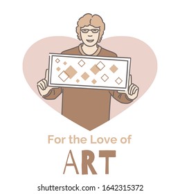 For the love of art banner design template. Smiling young man in heart shaped border holding placard with geometric figures cartoon outline illustration. Artistic and creative vector concept.