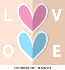 Love art. Romantic paper blue and rose hearts set. Wedding or happy Valentine vector illustration