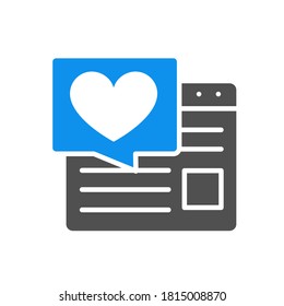 Love article on the Internet colored icon. Website with speech bubble and heart, user feedback symbol