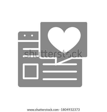 Love article on the Internet grey icon. Website with speech bubble and heart, user feedback symbol