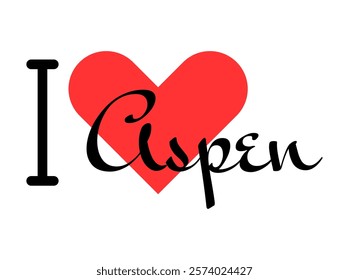 I love Aspen, city of United States. Hand drawn letters with red heart. Vector illustration lettering, modern design for print t shirt, banner, poster, sticker or label.