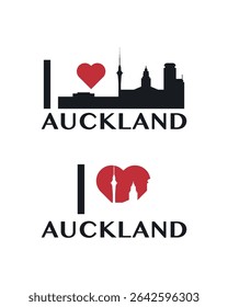 I love Auckland vector art, badge, tag, icon, logo concept. New Zealand city landmarks and heart isolated image layout for print, image, card