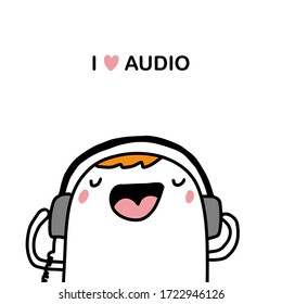 Me encanta la ilustración vectorial de audio dibujada a mano en el estilo cómico hombre escuchando música en los auriculares