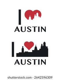 I love Austin vector art, badge, tag, icon, logo concept. USA, Texas state city landmarks and heart isolated image layout for print, image, card