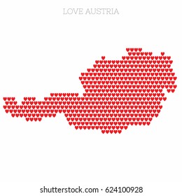 Love Austria. Country map made up of heart icons.