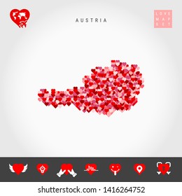 I Love Austria. Red and Pink Hearts Pattern Vector Map of Austria Isolated on Grey Background. Love Icon Set.