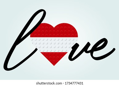 Love Austria Text. Bandera en el corazón. Texto de caligrafía. De ladrillos o bloques de juguete de construcción de plástico. Ilustración vectorial.