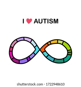 Ich liebe autistische, handgezeichnete Vektorgrafik im Comic-Stil endlose Symbol-Regenbogenfarben-Bewusstsein