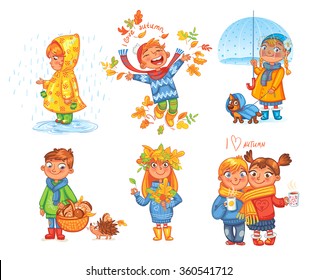 I love autumn. Boy throws up autumn leaves. Girl under umbrella. Boy gathers mushrooms in the forest. Girl collects leaves. Funny cartoon character. Vector illustration. Isolated on white background