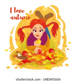 I love autumn card. Funny red-haired girl with pigtails lies on autumn leaves, hedgehog carries apples. Vector illustration, cartoon characters, postcard, poster, banner, flyer, invitation